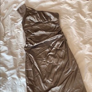 Silver satin one shoulder ruched cocktail dress